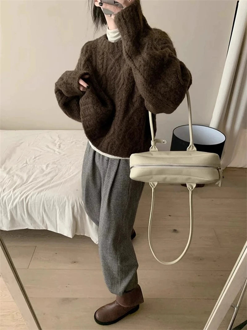 2025 Autumn Sweet Solid O-neck Knit Pullover Winter Women Long Sleeve Sweater Elegant Casual Korean Style Loose Knitted Top