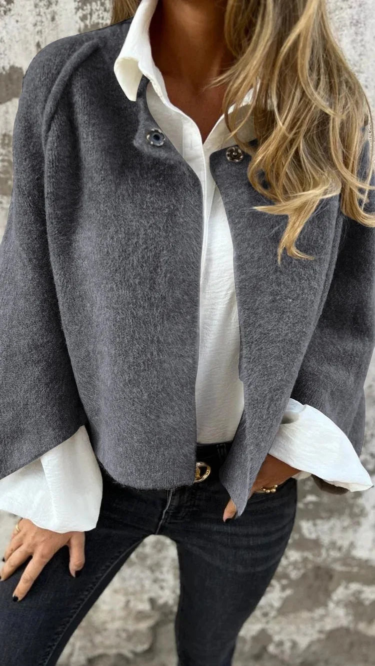 2025 Autumn Vintage Cardigan Coat Round Neck Elegant Fluff Short Coats Fashion Solid Casual Commute Jackets Tops Suit Jackets