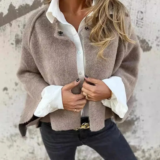 2025 Autumn Vintage Cardigan Coat Round Neck Elegant Fluff Short Coats Fashion Solid Casual Commute Jackets Tops Suit Jackets