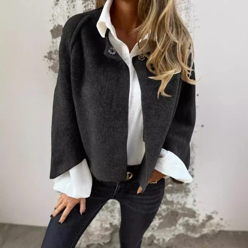 2025 Autumn Vintage Cardigan Coat Round Neck Elegant Fluff Short Coats Fashion Solid Casual Commute Jackets Tops Suit Jackets