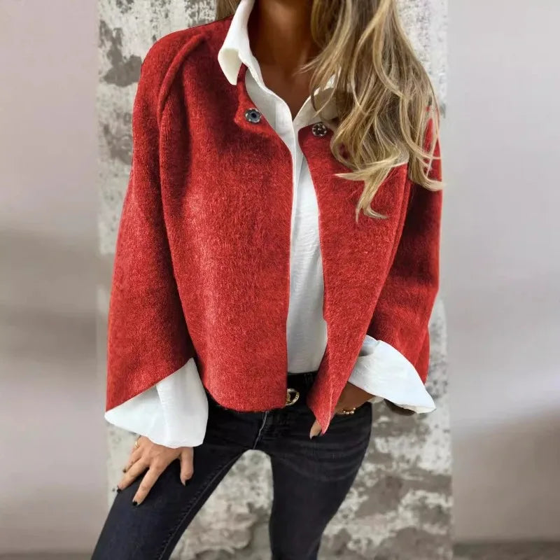 2025 Autumn Vintage Cardigan Coat Round Neck Elegant Fluff Short Coats Fashion Solid Casual Commute Jackets Tops Suit Jackets