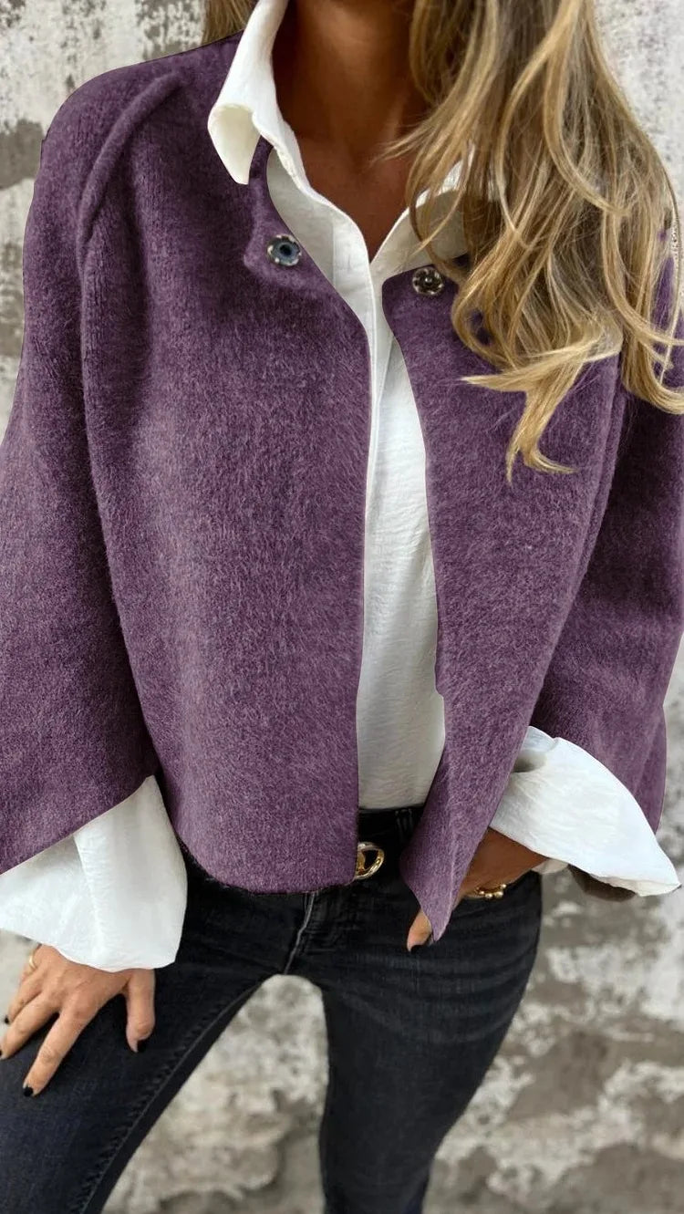 2025 Autumn Vintage Cardigan Coat Round Neck Elegant Fluff Short Coats Fashion Solid Casual Commute Jackets Tops Suit Jackets