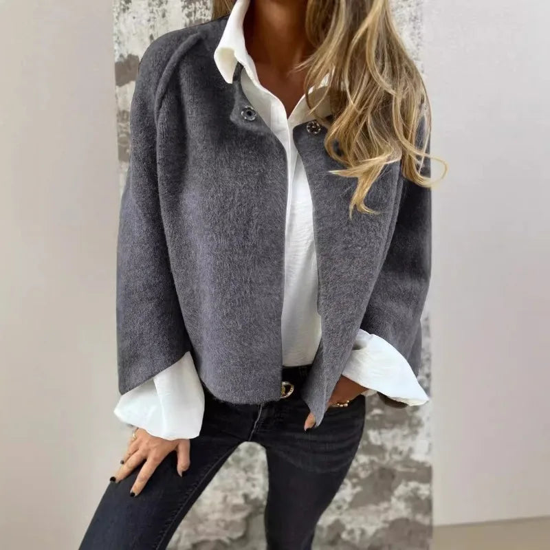2025 Autumn Vintage Cardigan Coat Round Neck Elegant Fluff Short Coats Fashion Solid Casual Commute Jackets Tops Suit Jackets
