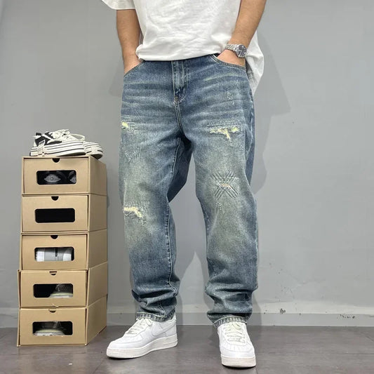 2025Heavy Duty Washed and Scraped Denim Men's Trendy High-end Embroidered Printed Loose Tapered Straight Leg Jeans