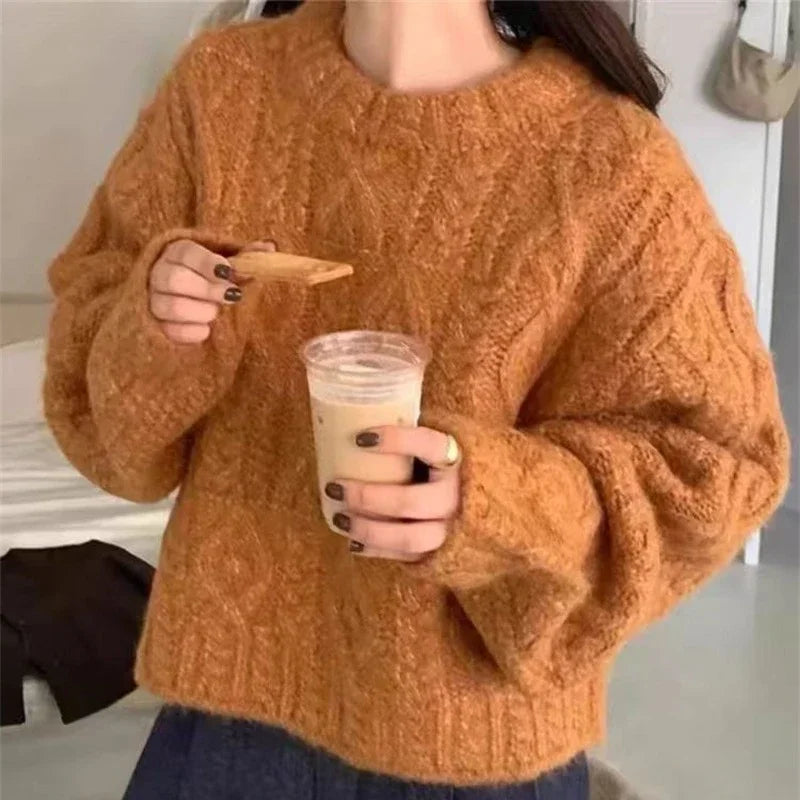 2025 Autumn Sweet Solid O-neck Knit Pullover Winter Women Long Sleeve Sweater Elegant Casual Korean Style Loose Knitted Top
