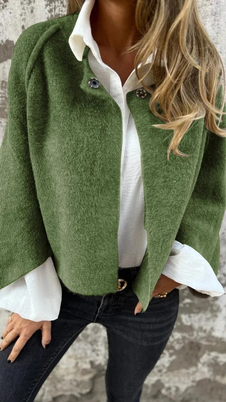 2025 Autumn Vintage Cardigan Coat Round Neck Elegant Fluff Short Coats Fashion Solid Casual Commute Jackets Tops Suit Jackets