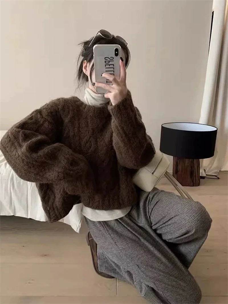 2025 Autumn Sweet Solid O-neck Knit Pullover Winter Women Long Sleeve Sweater Elegant Casual Korean Style Loose Knitted Top
