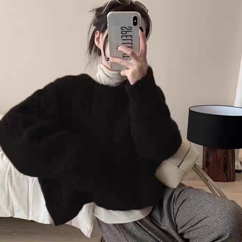 2025 Autumn Sweet Solid O-neck Knit Pullover Winter Women Long Sleeve Sweater Elegant Casual Korean Style Loose Knitted Top