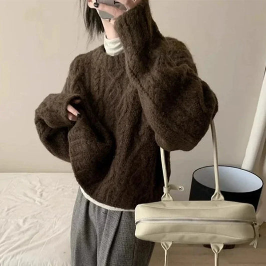 2025 Autumn Sweet Solid O-neck Knit Pullover Winter Women Long Sleeve Sweater Elegant Casual Korean Style Loose Knitted Top