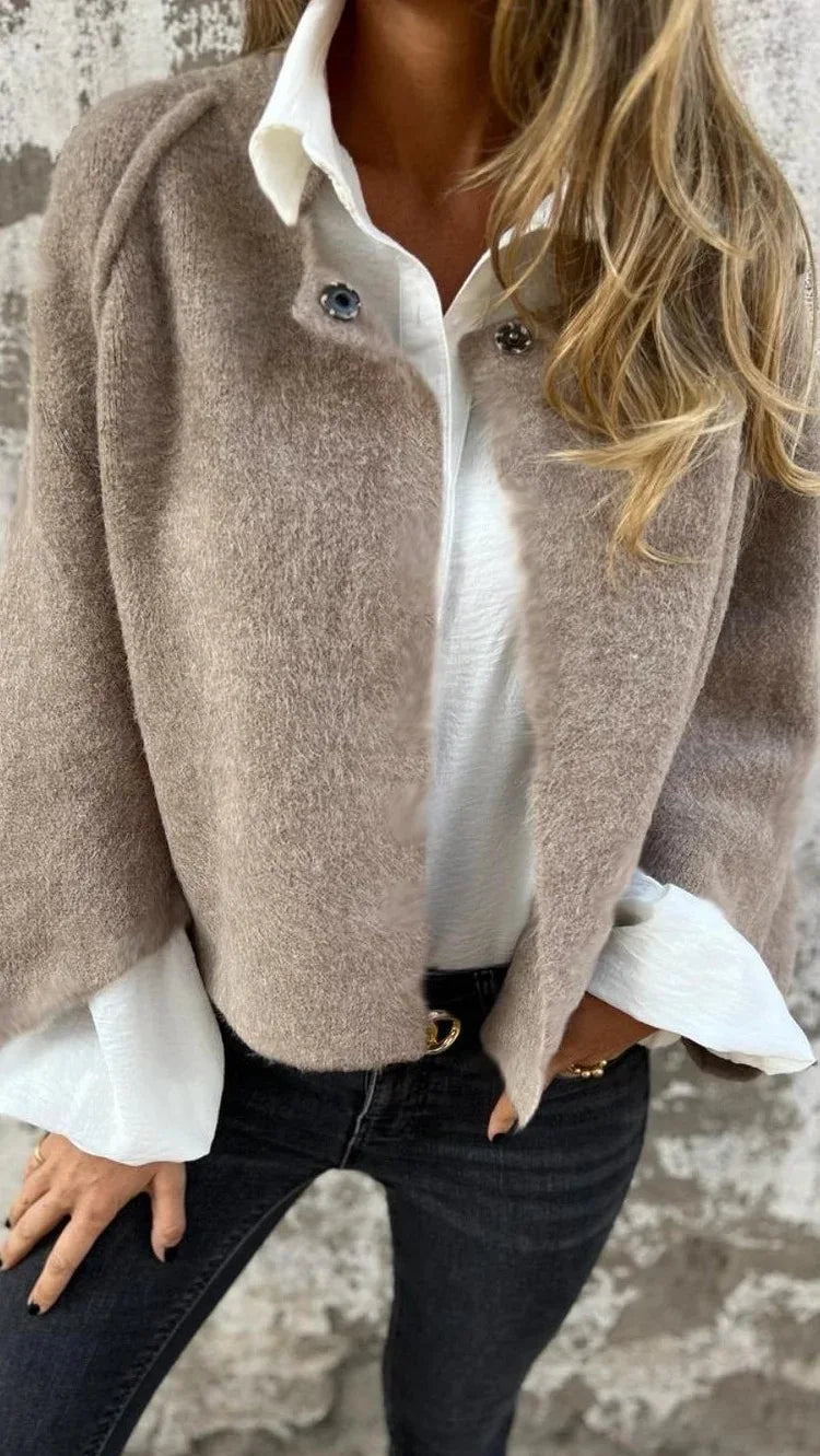 2025 Autumn Vintage Cardigan Coat Round Neck Elegant Fluff Short Coats Fashion Solid Casual Commute Jackets Tops Suit Jackets