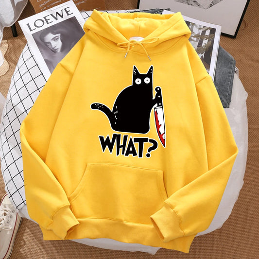 Autumn What Cute Little Black Cat Holding A Knife Print Men Hoodie Street Fleece Hoody Hipster Sweatshirt Hip Hop Woman Pullover