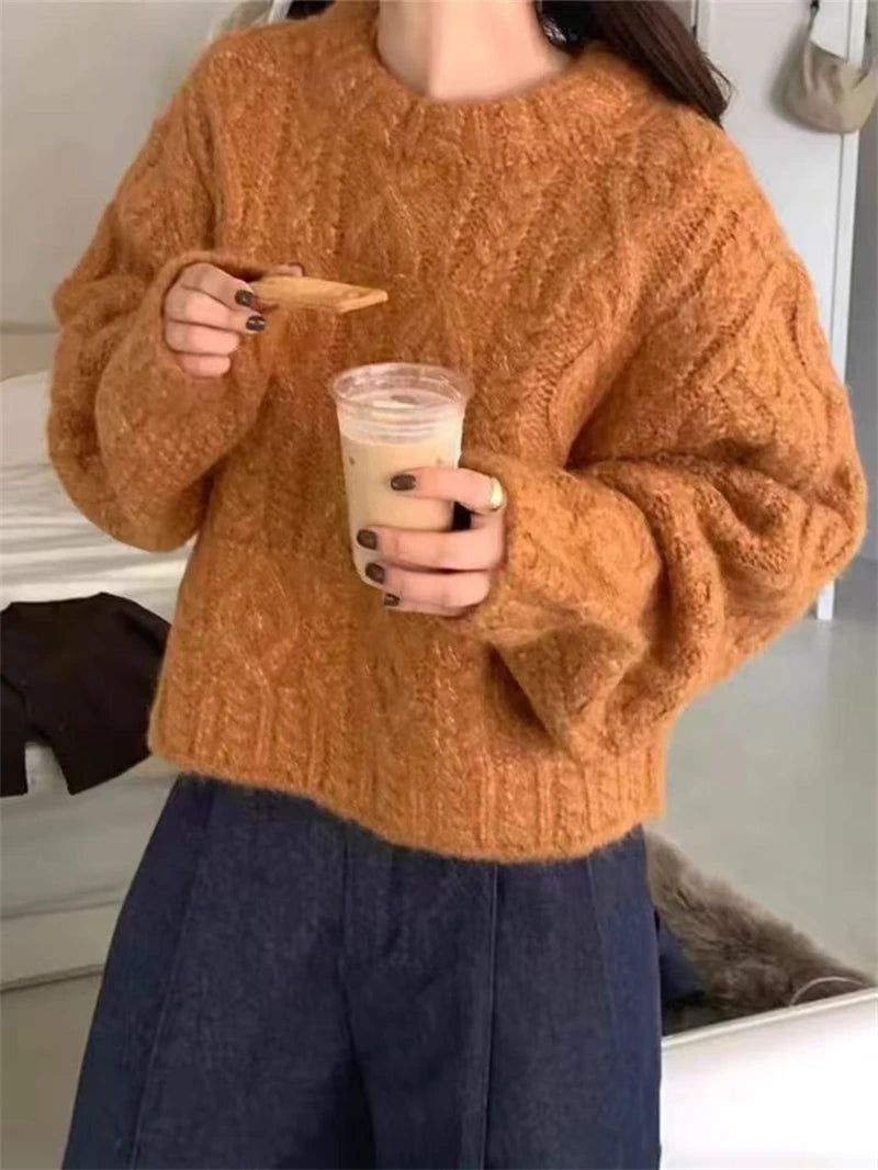 2025 Autumn Sweet Solid O-neck Knit Pullover Winter Women Long Sleeve Sweater Elegant Casual Korean Style Loose Knitted Top
