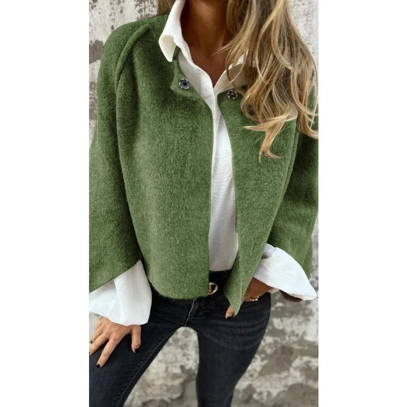 2025 Autumn Vintage Cardigan Coat Round Neck Elegant Fluff Short Coats Fashion Solid Casual Commute Jackets Tops Suit Jackets